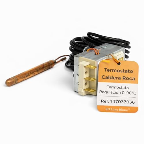 RO Linea Blanca ® Termostato regulacion caldera gasoleo 0 90C capilar 2000mm 3 contactos 90º repuesto 147037036 353.93.0001 compatible con Baxi Roca Lidia GO50 40GTA sensor bulbo termico calor ACS