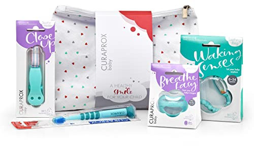 Curaprox Baby Mundpflegeset – Für Kleinkinder | Mundpflege-essentials Mit Zahnbürste, Schnuller, Beißring & Halter | BPA-frei, Türkis | Swiss Made