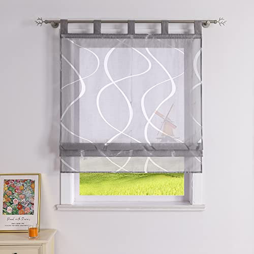 CORLIF Raffrollo Ausbrenner Gardinen Küchen Raffgardinen Landhaus Transparente Schlaufenrollo mit Wellenmuster Kurzvorhang Modern Rollos mit Schlaufen Grau BxH 140x140 cm 1 Stück