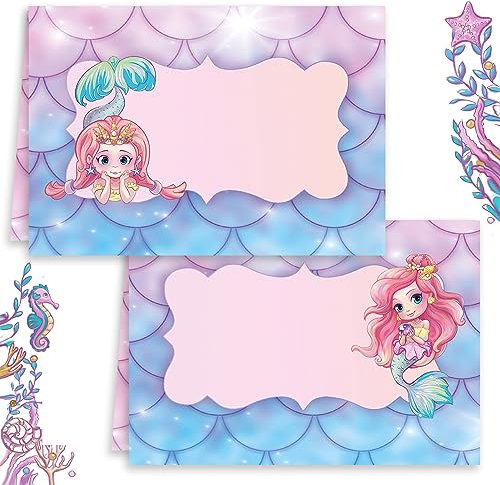 E&G Klasse Tischkarten Meerjungfrau Namenskarten 25 Stück zum beschriften Blanko Tischkärtchen Kinder Geburtstag Taufe Feier Jubiläum Kindertisch Hochzeit
