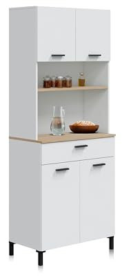 duehome | Nitza, Alacena de Cocina con 4 Puertas y 1 Cajon, Mueble Auxiliar, Acabado en Blanco Artik y Natur, Medidas: 72 cm (Largo) x 185 cm (Alto) x 40 cm (Fondo)
