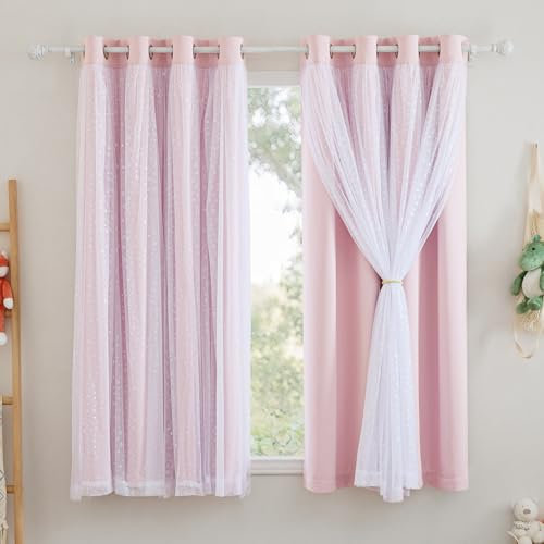 NICETOWN Gardinen Kinderzimmer Mädchen Ösenvorhang Blickdicht 2er Set H 160 x B 132 cm Doppellagige Verdunklungsvorhänge mit Lasersternen auf dem Voile Kindervorhang Kurz, Hellpink