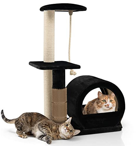 GOPLUS 93cm Kratzbaum, Kratzbaumturm mit Sisal-Kratzsäule & Pflegebürste & Katzenhaus, 3 Ebenen Katzenbaum, kleine Katzenmöbel, Aktivitätsbaum für Kätzchen und Erwachsene Katzen (schwarz)