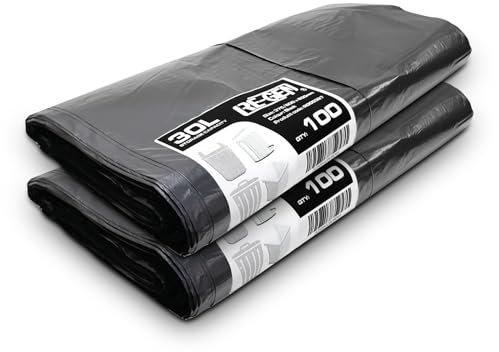 2 Flat Packs | 200 Bags | RE-GEN 30 Litre Swing, Pedal, Square Bin Liners Refuse Sacks, Everyday, Office & Home Use | Black Industrial Strength Rubbish Garbage Bags 375/600 x 600mm