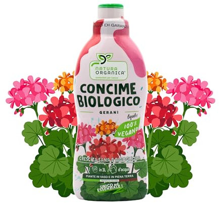 NaturaOrganica | Concime Biologico per Gerani 750 mL Fertilizzante Naturale Specifico per Gerani in Vaso da Interno o in Terra da Esterno Concime Liquido per Fioritura di Gerani