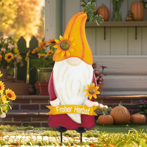 TERESA'S COLLECTIONS Gartendeko für Draußen,Gartenstecker Zwerg,Herbstdeko Outdoor Gartenzwerg Rosa Kleidung und Sonnenblume Gartenstatuen,Metall Frühlingsdeko,Kürbis Deko für Terrasse,68cm