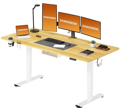 SANODESK Electric Standing Desk 200 * 80 Height Adjustable Desk With Memory Smart Panel Sit Stand Table With Cable Management for Home Office, Natural Maple