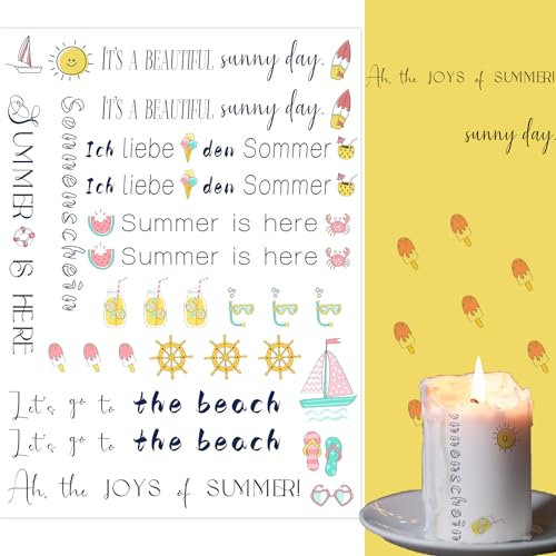 Bolosa®4 Stück Kerzentattoos, Kerzentattoo Sommer Deko, Wasserschiebefolie, Deko Sommer, Kerzen Tattoo, Rub on Sticker, A519x14cm (Thema Sommer 4)