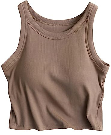 Crewneck Tank Tops with Built in Bra for Women Summer Solid Color Ribbed Slim Fit Shirts Summer Sleeveless Vest Tops Basic Casual Blouse