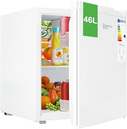 WANNYTON Nevera Pequeña con Congelador, Mini Frigorifico de 46 L, Puerta Reversible, Mini Nevera para Cosméticos, Bebidas, Frutas, Refrigerador para Caravana, Casa, Oficina, Bajo Consumo, Blanco