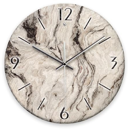 Kreative Feder Wanduhr „Marmor-Optik“ aus Stein (Keramik) in Schiefer-Optik; Durchmesser 30cm; mit leisem Uhrwerk (Marmor-Optik, leises Funkuhrwerk)