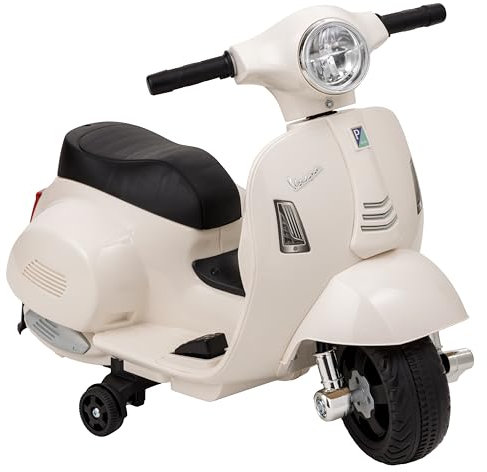 Baroni Toys Vespa Elettrica per Bambini Licenza Ufficiale, Moto Ride-On con Rotelle, Manubrio Sterzante, Fari e Clacson, Motore 6V, Velocità 3 km/h, da Interno ed Esterno, 61x31x32,5 cm, Bianco