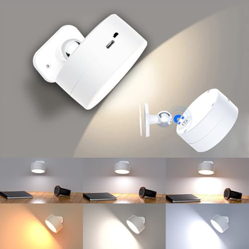 Battery Operated Wall Light, Rechargeable Magnetic LED Wall lamp, Reading Light with 360° Rotations, Wall Light with 3 Color Modes, Touch Control, Wireless Wall Sconces for Bedroom Bedside (White)