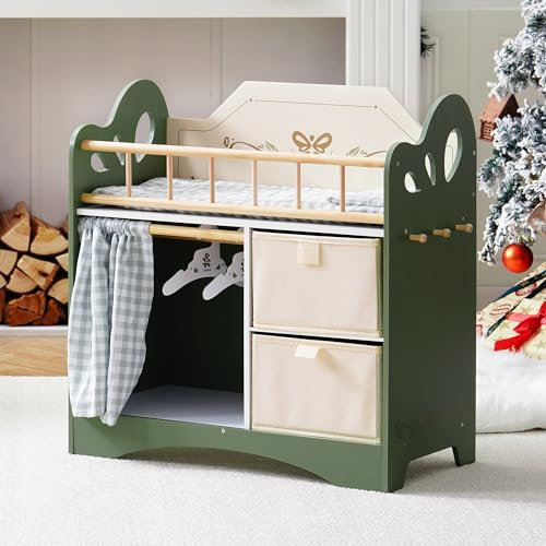 ROBOTIME Baby Doll Crib Age 3+, Kids Wooden Doll Bed with Storage Cabinet and Bedding Accessories, Furniture Toy Cribs and Cots, Toy Cot Suits Under 22, for Toddler Aged 3+ (Green)