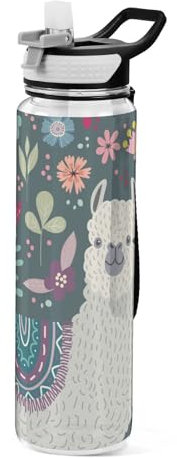 Mnsruu Transparente Sport-Wasserflasche mit Strohhalm, auslaufsichere Trinkflasche, Hello Cute Lama mit Blumen, Fahrradflaschen für Sport, Büro, Schule, BPA-freier Tritan-Kunststoff, 1 Liter