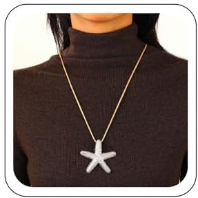 Wendalern Bohemian Silver Starfish Neckalce for Women Large Sea Star Pendant Necklace Adjustable Braided Rope Star Necklace Long Waxed Rope Cord Sweater Chain Marine Life Necklace Ocean Jewelry