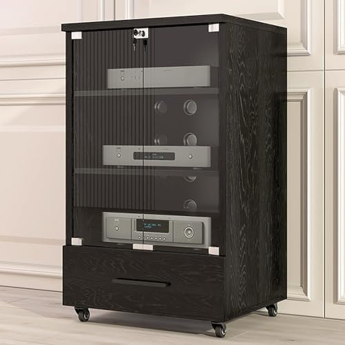 JIAOCKJIAO Stereoschrank, Phonoschrank mit Schublade, Bewegliches Audio Rack Hi Fi Regal, Record Player Stand mit Tür aus Gehärtetem Glas, Hi Fi Rack mit Kühllöchern und Kabellöchern(Nero,3 tier 60x52