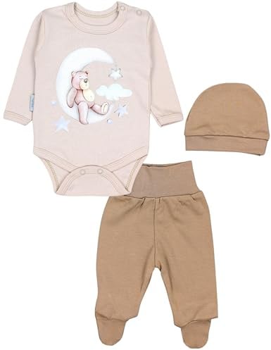 TupTam Baby Mädchen Jungen Bekleidungsset Langarmbody Hose Mütze mit Aufdruck Spruch 3 teilig, Farbe: Bärchen auf dem Mond Beige, Größe: 68