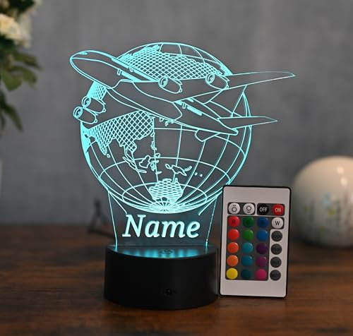 Optechvisual Personalisierte LED Flugzeug Lampe – Nachtlicht mit Name – Geschenk für Piloten, Flugbegleiter & Reise-Fans – Deko Tischlampe für Flugzeugliebhaber