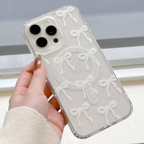 UEEBAI Magnetisch Hülle für iPhone 12 Pro Max, Niedliche Silikon Tansparent Handyhülle mit Schleife Schutzhülle mit Kabelloses Laden, Weiche Bumper Cover Case für Frauen Mädchen, Weiß