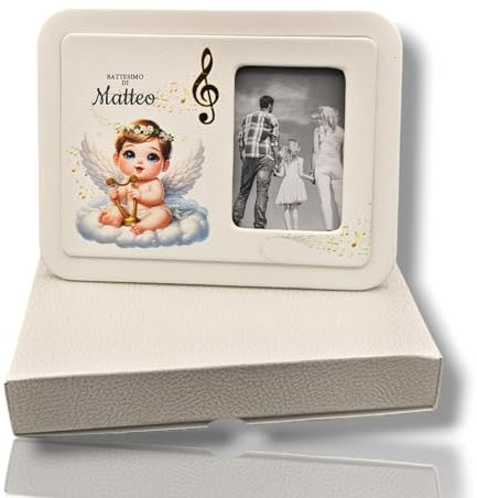 oggettando Portafoto cornice da tavolo CERIMONIE PERSONALIZZABILE in scatola da regalo. Bomboniere Matrimonio, Battesimo, Comunione, Laurea, Cresima, Anniversari e albero (Angioletto Musica)