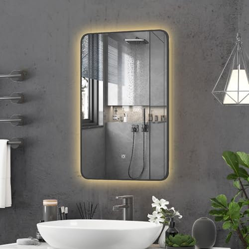 KEEPREAPER Spiegelschrank Bad mit Beleuchtung rechteckig, Badschrank schwarz eingelassen mit 3 Ablage, Badezimmerschrank hängend für Badezimmer (51x14x76cm)