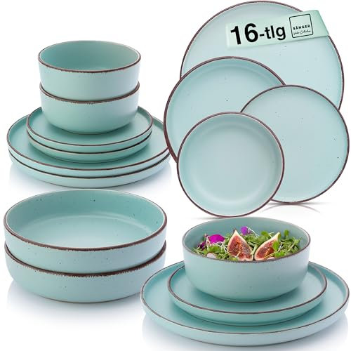 SÄNGER Bombay Breeze | Geschirrset 16 teilig, Steingut Geschirr 4 Personen, 4x Speiseteller 4x Dessertteller 4x Schalen 4x Pastateller, Teller Set modern | VALUE COLLECTION