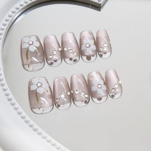 SXVME Nude Pink 3D Press on Nails Short Square, Flora Spring Fake Nails with Designs, Coffin Glue on nails with Diamond, Thick Cute Extra Short Nails for Women and Girls, 30 Pcs
