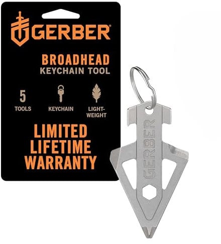 Gerber Herramienta multifuncional y llavero para aficionados a la caza, Broadhead, con 5 funciones para pequeños problemas cotidianos, longitud: 6,5 cm, peso: 26 g, acero inoxidable, plata, 1074045