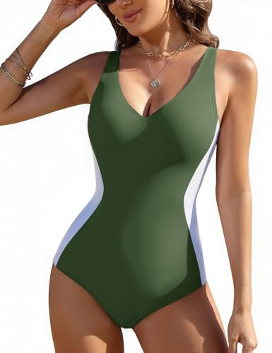 Vijamiy Costume Intero Donna Costumi da Bagno Piscina Curvy Mare Push Up Swimsuit Interi Scollo a V Un Pezzo Sexy Monokini Swimwear (Verde Militare,XL)