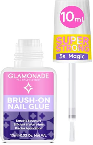 Glamonade Strong Nail Glue: Brush On Nail Glue Langanhaltende Maximale Stärke Mess-Free Anwendung Extra stark für Press On Nails Tips Falsche Acrylnägel 10ml
