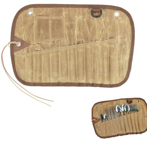 VUKHWX Roll Up Cutlery Bag, Roll Cutlery Storage Bag, Portable Camping and Picnic Organiser Tool Pouch Canvas Cutlery Storage Roll Bag Insulated Picnic Utensil Organizer (Brown-1pc)