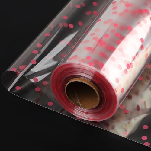 Cellophan Geschenkfolie Transparent mit Rosa Punkten 86CMx30M Cellophanfolie für Geschenkkorb Blumenstrauß Geschenkverpackung Floristik Deko,Geschenkpapier Durchsichtige Folie für Hochzeit Party