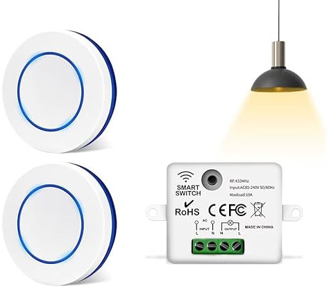 Interruptor de Luz Inalámbrico RF 433MHz 10A | Mini Receptor 220V/110V + 2 Mandos a Distancia | Control Remoto para Lámparas LED | Panel Redondo 50mm