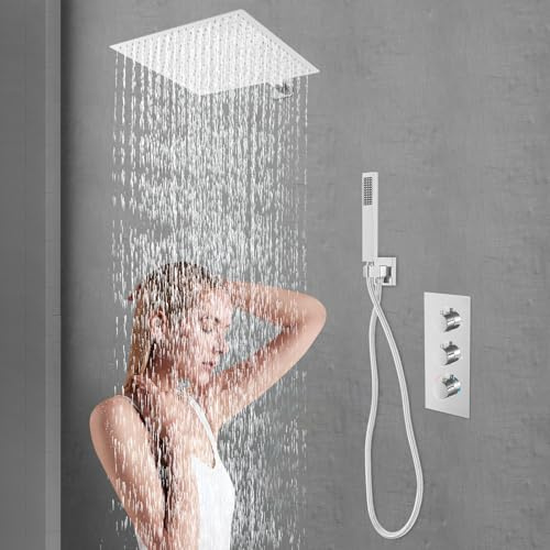Kit de douche encastré avec thermostat de 40 cm, douche de pluie et douchette, eau chaude et froide, arrêt de sécurité à 38 °C, G ½, montage encastré, argenté