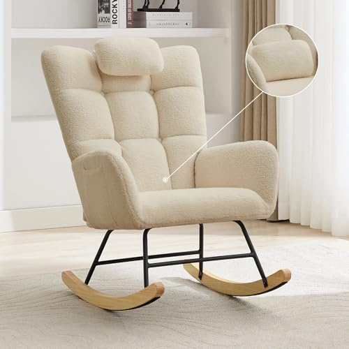 Nursery Rocking Chair, Teddy Upholstered Glider Rocking Chair with High Backrest, Armchair Reading Chair for Adults, Nursery, Bedroom, Living Room, Office, Beige Without Ottoman