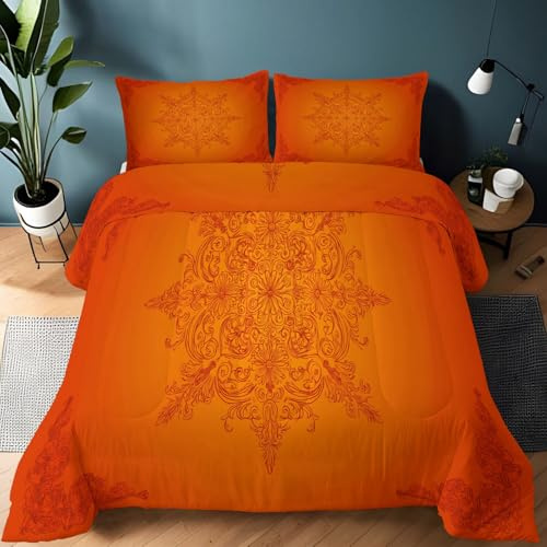 Fein Bettdecke Vintage Paisley Bettdecke 135x200cm, 4 Jahreszeiten Orange Warme Steppdecke für Schlafzimmer Deko - Weiche Ganzjahresdecke ohne Bezug mit 2 Kissenbezug 80x80cm