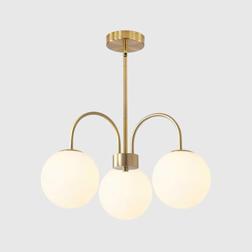 KCO Lighting Pendelleuchte Gold — 3-flammiger Sputnik-Kronleuchter, Milchglas-Kugeln, G9, höhenverstellbar, ideal für Schlafzimmer & kleine Essbereiche