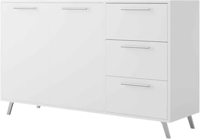 Masseno Kommode Elise 140 cm Sideboard mit 3 Schubladen und 2 Türen für Wohnzimmer Schlafzimmer Modern 140x41x86 cm Weiß