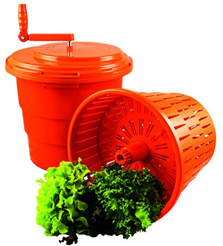 Salatschleuder aus Polypropylen in orange/Deckel aus ABS - mit 6 rutschhemmenden Füßen, Zahnräder aus Nylon, Behälter mit Wasserablaufschlauch und in PREMIUM-QUALITÄT / ohne oder mit zwei Einsätzennhalt - Inhalt: 25 Liter, Höhe: 50 cm, Ø 45 cm (Zwei Einsätze)