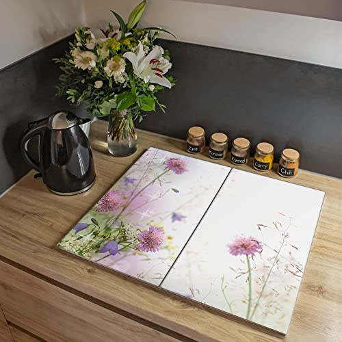 banjado Ceranfeld Abdeckung Glas 2-teilig 60x52 cm, Herdabdeckplatten und Schneidebrett Küche aus gehärtetem Glas, dekorativer Küchen Spritzschutz Blumen & Pflanzen mit Motiv Glitzernde Wiese