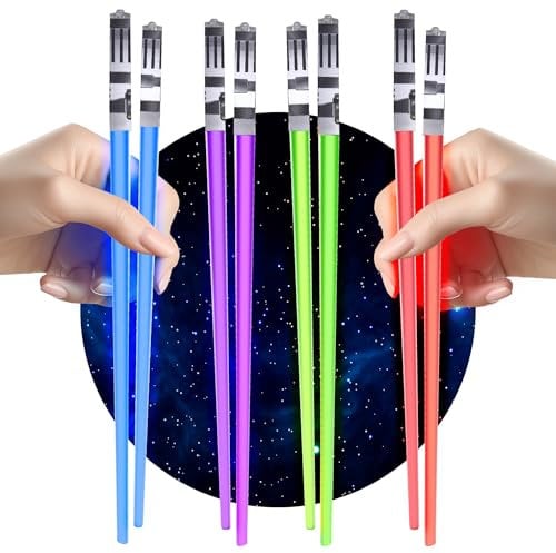 Lightsaber Chopsticks Light Up - LED Glowing Light Saber Chop Sticks - Reusable Sushi Lightup Sabers Chopstick Set of 4 Pairs - 8 Changing Color Modes