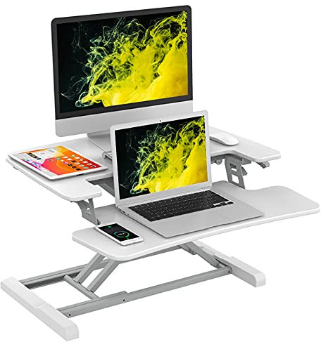 FLEXISPOT Höhenverstellbar Schreibtischaufsatz Büro Sitz Steh Computertisch 72 * 42 cm Stehpult mit Tastaturablage, Geeignet für Zwei Monitore, Weiß