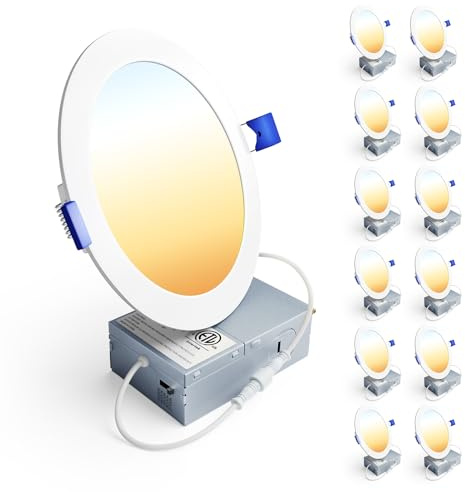 Ensenior 12 Pack 6 Inch LED Recessed Ceiling Light, Dimmable, 2700K-5000K 5CCT, 1200LM 12W 120V, High Brightness Canless Wafer Downlight - ETL&FCC&IC