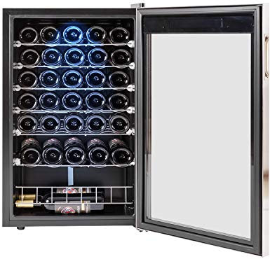 Smad 33 Bottle Wine Fridge, 48cm Wine Cooler Fridge with Glass Door, Under-Counter, Touch Screen & LED Light, (Stainless Steel Frame, Black), 95L