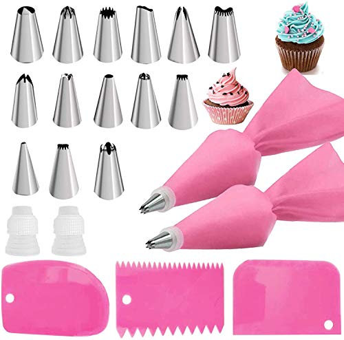 22 Piping Bags and Nozzles Set,14 Stainless Steel Cake Piping Nozzles Tips Kit,with 2Reusable Silicone Pastry Bag, 2Couplers 1Sealing Clip 3 Plastic Scrapers for Decorating Cake DIY Pastries, Cupcakes