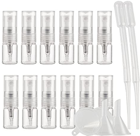 TIANZD Pack of 25 Empty 2ml Clear Transparent Glass Fine Mist Pump Spray Bottles Travel Mini Portable Spray Perfume Cosmetic Containers Sample Vials Refillable with Funnel and Dropper