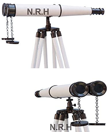 Standendes Bronze-Fernglas, nautisches Dreibein-Stativ, Bodenfuß, Messing, 45,7 cm Fernglas mit verstellbarem Holzständer