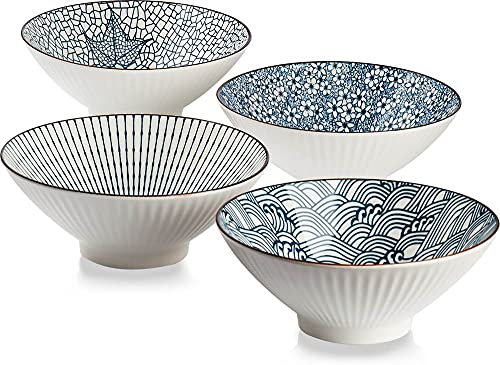 QINLANG Japanische Ramenschalen, Keramik, 4 Stück, für Müsli, Suppe, Pho, Nudeln, Blau und Weiß, 20,3 cm