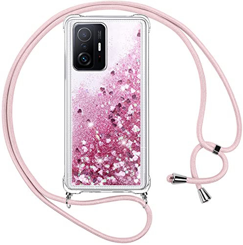 Vauki handyband für Xiaomi 11T/Xiaomi 11T Pro 5G Hülle mit Band,Silikon Durchsichtig Transparent Flüssig Glitzer mit Kette Kordel Bumper Treibsand Necklace TPU Schutzhülle Case für Xiaomi 11T 5G,Rosa